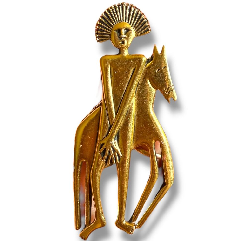 Vintage Laurel Burch Pin Large Brooch Tribal Spirit Man With Horse Gold Tone